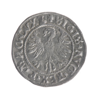 Lithuanian half-grosz, Sigismund II Augustus (King of Poland; 1544–1572). Obverse: Polish Eagle; in