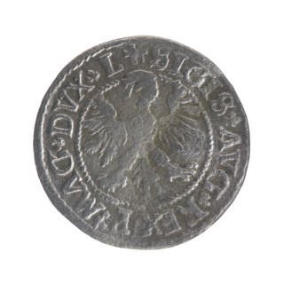 Lithuanian half-grosz, Sigismund II Augustus (King of Poland; 1544–1572); obverse: Polish Eagle, in