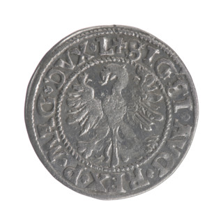 Lithuanian half-grosz, Sigismund II Augustus (King of Poland; 1544–1572). Obverse: Polish eagle; in