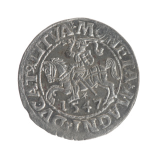 Lithuanian half-grosz, Sigismund II Augustus (King of Poland; 1544–1572). Obverse: Polish Eagle; in