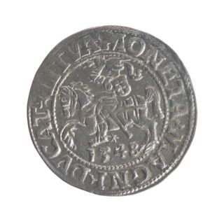 Lithuanian half-grosz, Sigismund II Augustus (King of Poland; 1544–1572). Obverse: Polish Eagle; in