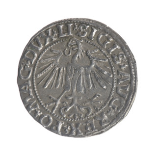 Lithuanian half-grosz, Sigismund II Augustus (King of Poland; 1544–1572). Obverse: Polish Eagle; in