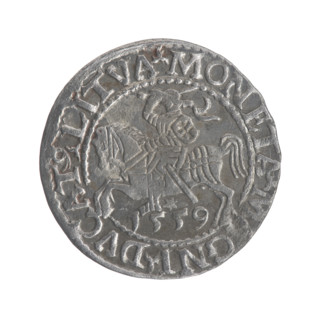 Lithuanian half-grosz, Sigismund II Augustus (King of Poland; 1544–1572). Obverse: Polish Eagle; in