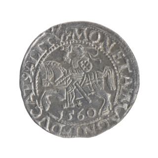 Lithuanian half-grosz, Sigismund II Augustus (King of Poland; 1544–1572). Obverse: Polish Eagle; in