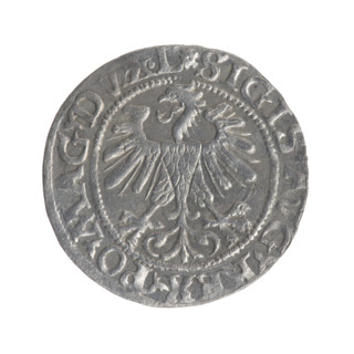 Lithuanian half-grosz, Sigismund II Augustus (King of Poland; 1544–1572). Obverse: Polish eagle; in