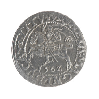 Lithuanian half-grosz, Sigismund II Augustus (King of Poland; 1544–1572); obverse: Polish Eagle