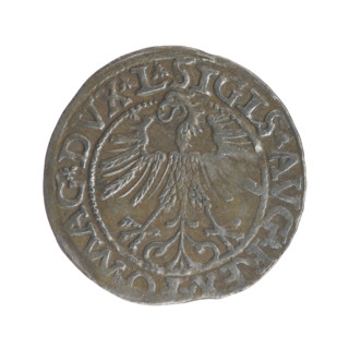 Lithuanian half-grosz, Sigismund II Augustus (King of Poland; 1544–1572). Obverse: Polish Eagle; in