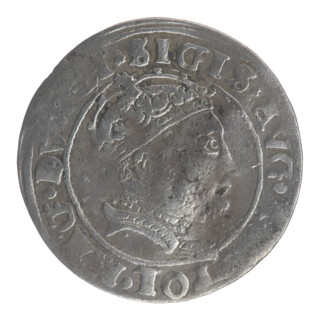 Lithuanian grosz (1546) — obverse: crowned male bust in armour, profile to right, rim inscription