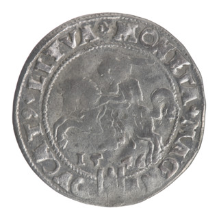 Obverse: Crowned male bust in armour, profile turned right; rim inscription divided at top by a