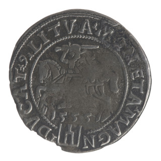 Lithuanian grosz, 1555. Obverse: crowned male bust in armour facing right, rim inscription divided