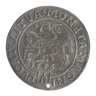 Lithuanian grosz, 1556. Obverse: crowned male bust in armour facing right, rim inscription divided