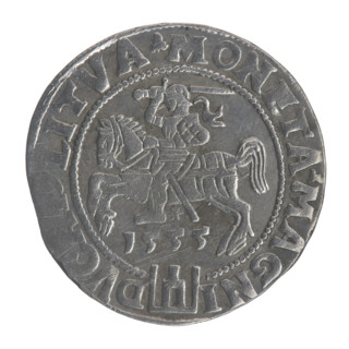 Lithuanian grosz, 1555. Obverse: crowned royal bust of Sigismund II Augustus in armour, profile
