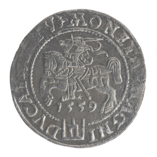 Lithuanian grosz, 1559. Obverse: crowned male bust in armour turned right; rim inscription divided