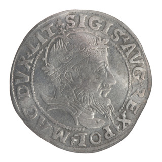 Lithuanian grosz, 1555. Obverse: crowned male bust of Sigismund II Augustus in armour, profile