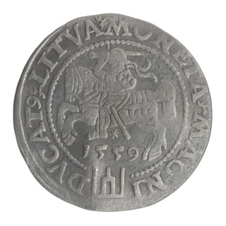 Lithuanian grosz, 1559. Obverse: crowned male bust in armour, profile to the right, rim inscription