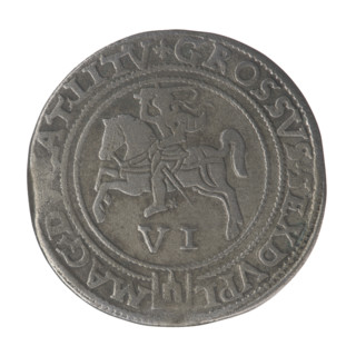 Lithuanian 6th coin, Sigismund II Augustus (King of Poland; 1544–1572), coats of arms, Jagiellons