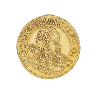Ducat of Charles II, Duke of Olesnica (1587–1617). Obverse: male bust in armour with a sash, wide