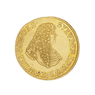 Ducat of Sylwiusz Fryderyk (Duke of Olesnica; 1651–1697), 1675. Obverse: bust of the ruler facing