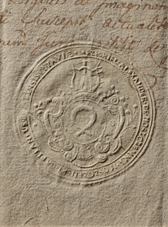 Round dry impression of the seal of Ezekiel Aleksander of Moszczenna Moszczenski, starost of