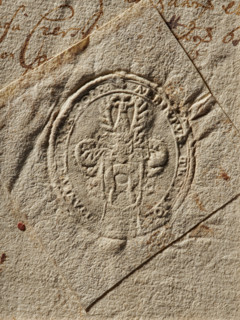 Oval dry impression of the seal of Wojciech Trojanowski, starost of the Dobrzyn Land. Nalecz coat