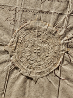 Seal of Count Stanislaw Potocki, Starost of Czorsztyn. Oval seal impression. The Pilawa coat of