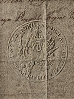 Round seal impression of the starost of Kowal, Stanislaw Dambski. In a decorative cartouche with a