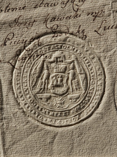 Seal of Józef Klemens Czartoryski, Starost of Luck; round imprint. A shield with the Pogon coat of