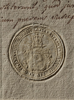 Seal of Sebastian Dluski, starost of Luków. Round seal impression. On the decorative shield, the