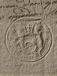 Seal of Sebastian Dluski, starost of Luków; round seal impression. On the decorative shield, the