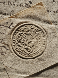 Round seal impression of Andrzej Firlej, Starost of Sandomierz. Shield with the Lewart coat of arms