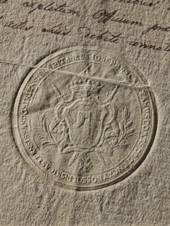 Seal of Józef Kajetan Ossolinski, Starost of Samdomier; coat of arms seal, private document seal.