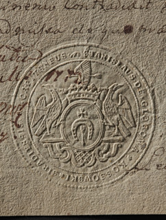 Seal of Stanislaw Kossowski, Starost of Sieradz. Round seal impression. Oval shield with the Dolega