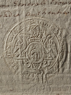 Seal of Stanislaw Kossowski, Starost of Sieradz. Round seal impression. Oval shield with the Dolega