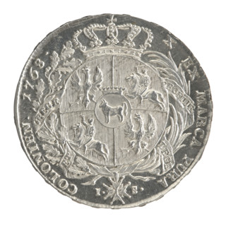 Crown thaler by Justyn Schröder (Mintmaster of the Warsaw Mint 1768–1772), 1768. Obverse: Head of