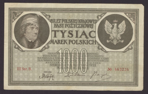 1000 Polish marks banknote (1919). Obverse: decorative medallion at left with image of Tadeusz