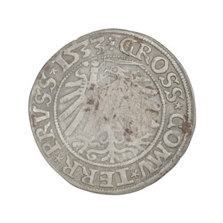 Prussian grosz, Sigismund I the Old (King of Poland; 1506–1548). Obverse: crowned male bust in