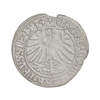 Prussian grosz, Sigismund I the Old (King of Poland; 1506–1548). Obverse: Crowned male bust in