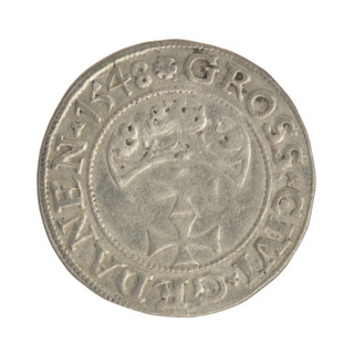 Gdansk grosz, Sigismund I the Old (King of Poland; reign 1506–1548). Silver coin (1548). Obverse: