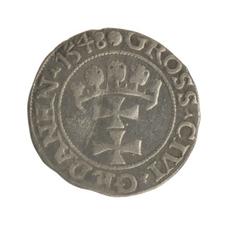 Gdansk grosz, Sigismund I the Old (King of Poland; 1506–1548). Silver coin, 1548. Obverse: Crowned