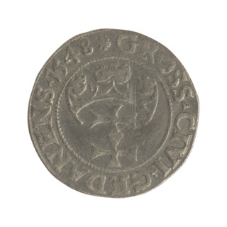Gdansk grosz, Sigismund I the Old (King of Poland; 1506–1548). Polish coin (1548). Obverse: Crowned