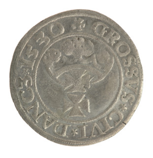 Gdansk grosz, Sigismund I the Old (King of Poland; 1506–1548). Polish coin (1530). Obverse: Crowned