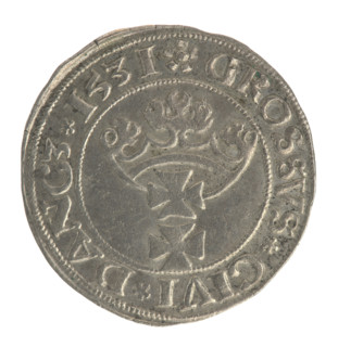 Gdansk grosz, Sigismund I the Old (King of Poland; 1506–1548). Silver coin, 1531. Obverse: Crowned