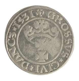 Gdansk grosz, Sigismund I the Old (King of Poland; 1506–1548). Polish coin, Jagiellon dynasty.