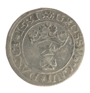 Gdansk grosz, Sigismund I the Old (King of Poland; 1506–1548). Polish coin, Jagiellon dynasty.