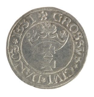 Gdansk grosz, Sigismund I the Old (King of Poland; 1506–1548). Silver coin (grosz), 1531. Obverse: