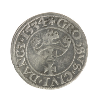 Gdansk grosz, Sigismund I the Old (King of Poland; 1506–1548). Polish coin, Jagiellon dynasty.