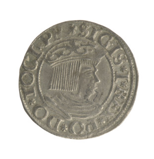 Gdansk grosz coin of Sigismund I the Old (King of Poland, reign 1506–1548). Obverse: Crowned male