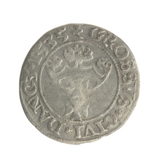 Gdansk grosz, Sigismund I the Old (King of Poland; 1506–1548). Silver coin (grosz), 1535. Obverse: