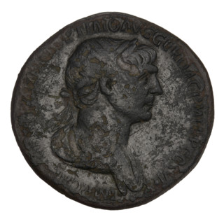 Sestertius, Trajan (53–117; Roman emperor 98–117). Obverse: head of Trajan in laurel wreath facing