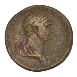 sestertius, Trajan (53–117; Roman emperor 98–117); obverse: head of Trajan in laurel wreath facing